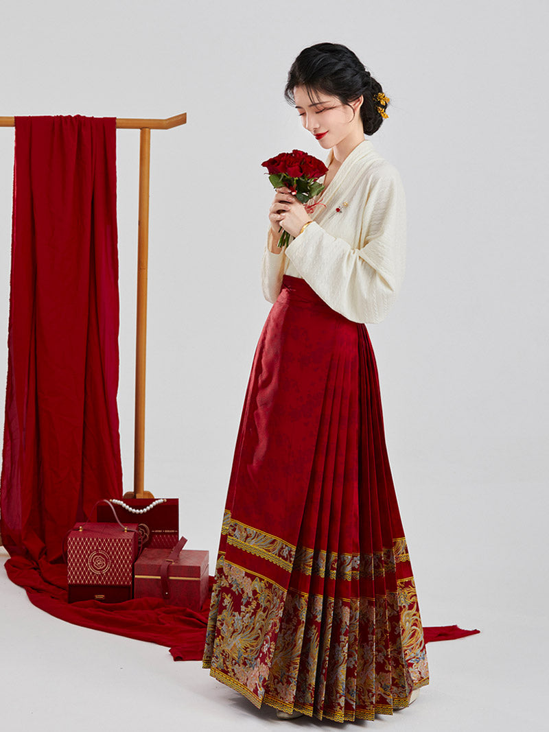 Vintage Chinese Style Phoenix and Peony Pattern Embroidery Mamianqun Hanfu Skirt-03