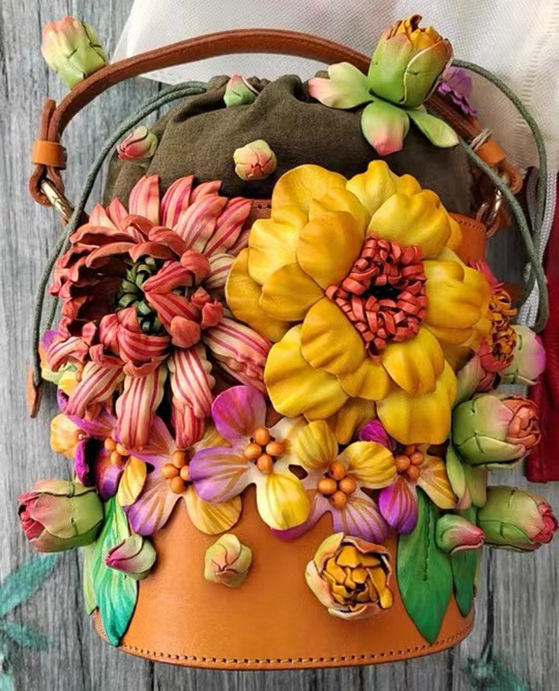Vintage Three-Dimensional Flower Cluster Style Pure Handmade Cowhide Artistic Ladies Flowers Handbag Bucket Bag