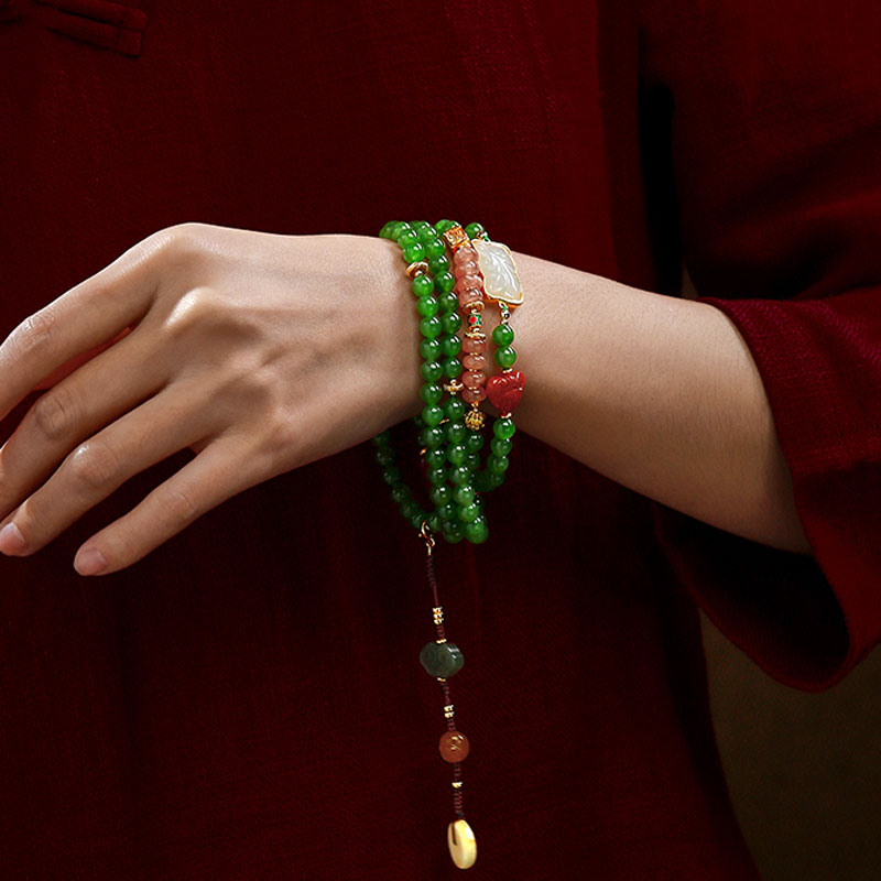 Vintage Chinese Style Spinach Green Natural Jade Beaded Necklace with Multi-Gemstone-05
