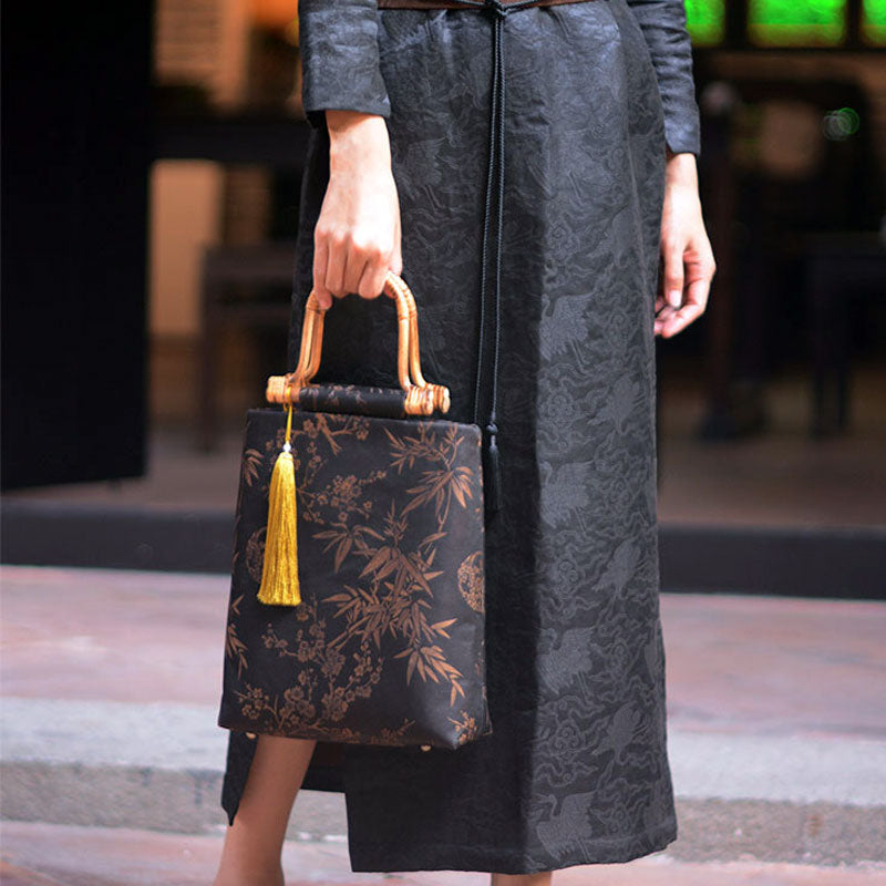 Sac fourre-tout avec poignée en bois fait à la main, style chinois rétro, imprimé bambou et prune