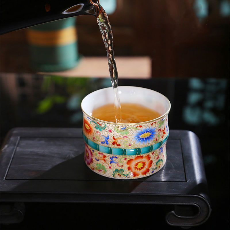 Cloisonné Enamel Hand-painted Ceramic Kung Fu Teacup Bu Bu Gao「rich and noble」Bamboo Tea Cup