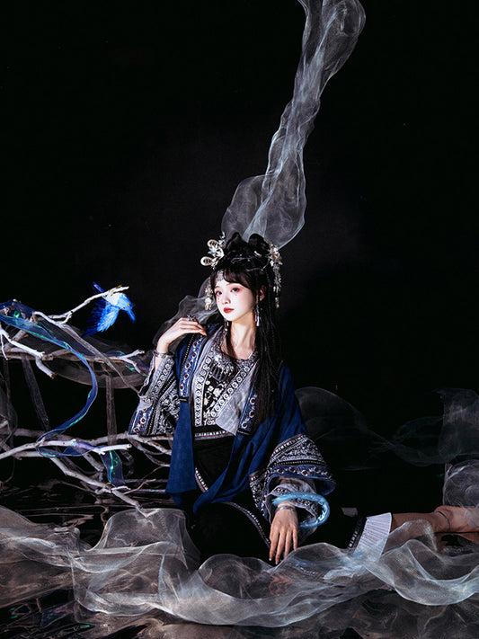 Miao Ethnic Minority Blue Embroidery Morden Hanfu Skirt Set-02