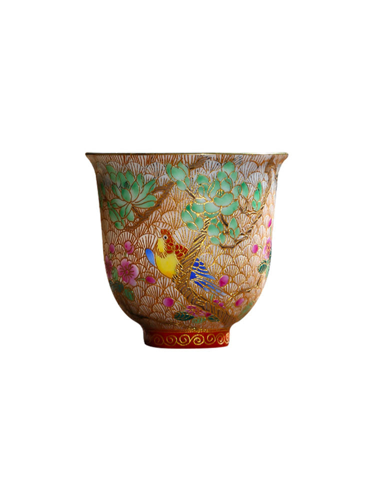 Retro Qing Dynasty Royal Style Cloisonné  Enamel Teacup with Magpie and Apricot Blossom