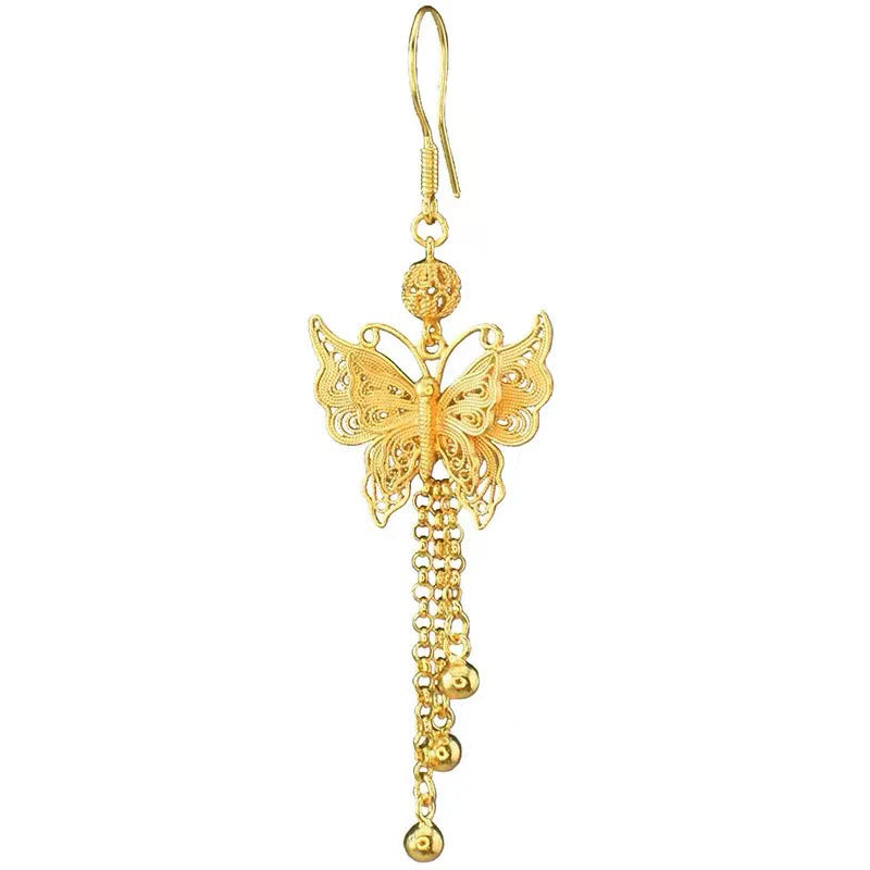 Handcrafted Vintage 999 Sterling Silver Double Butterfly Tassel Filigree Earrings-06