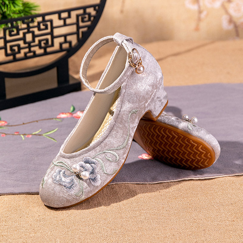 Escarpins à talon moyen avec bride de cheville et broderie pour femmes