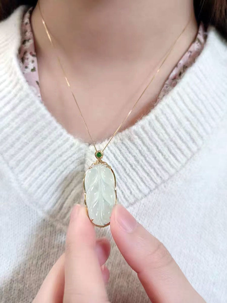 18K Gold Inlay Natural Ice Jadeite Jade Chinese「Jin Zhi Yu Ye」Golden Branch and Jade Leave Pendant Necklace-06