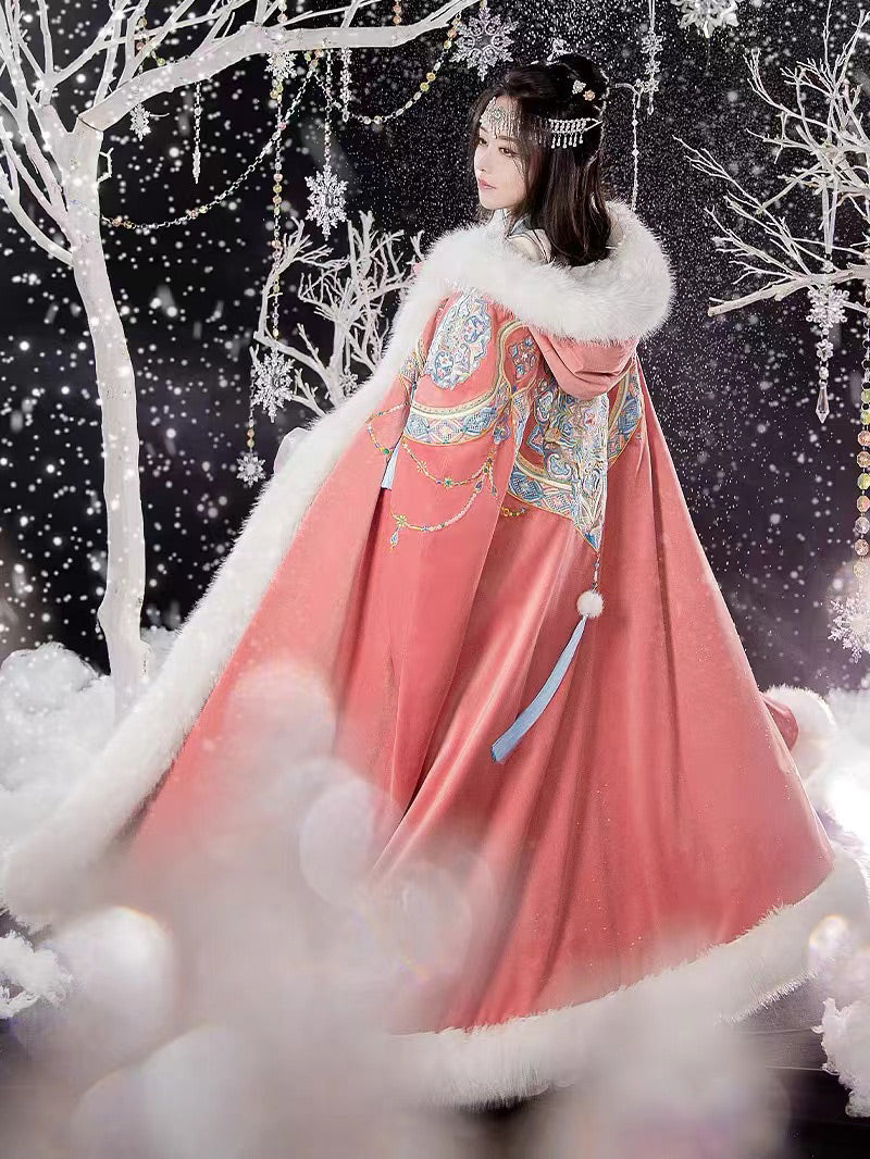 Bluedail Dunhuang Caisson Pattern Embroidery Fall and Winter Long Fleece Hooded Warm Cloak with Artificial Large Fur Collar-06