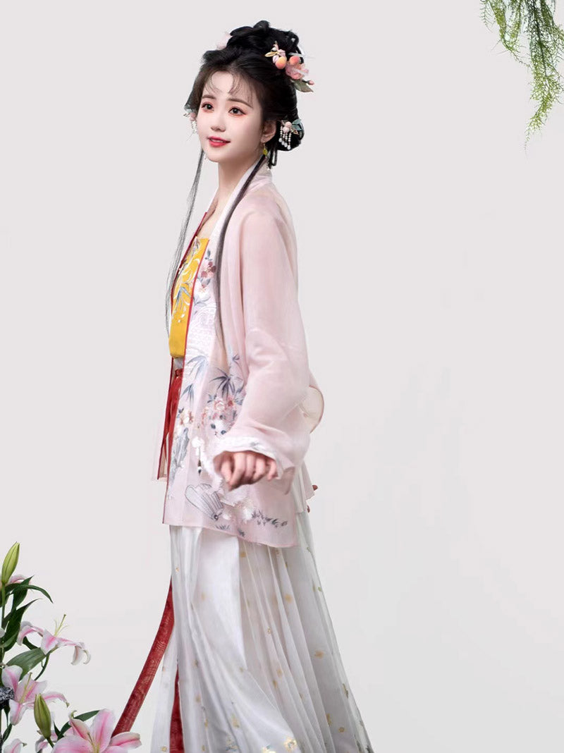 Feuilles de bambou, fleurs et broderie de chat, ensemble Hanfu rose décontracté