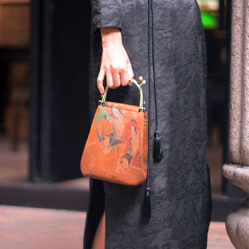 Vintage Chinese Style Retro Brown Feitian Flying Apsaras Silk Handbag with Tassel Charm-04