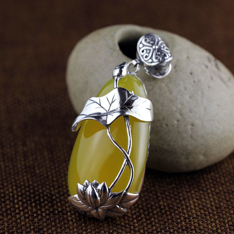 Vintage Silve Filigree Lotus and Koi Fish Chalcedony Inlay Pendant Necklace-06