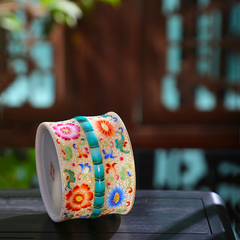 Cloisonné Enamel Hand-painted Ceramic Kung Fu Teacup Bu Bu Gao「rich and noble」Bamboo Tea Cup