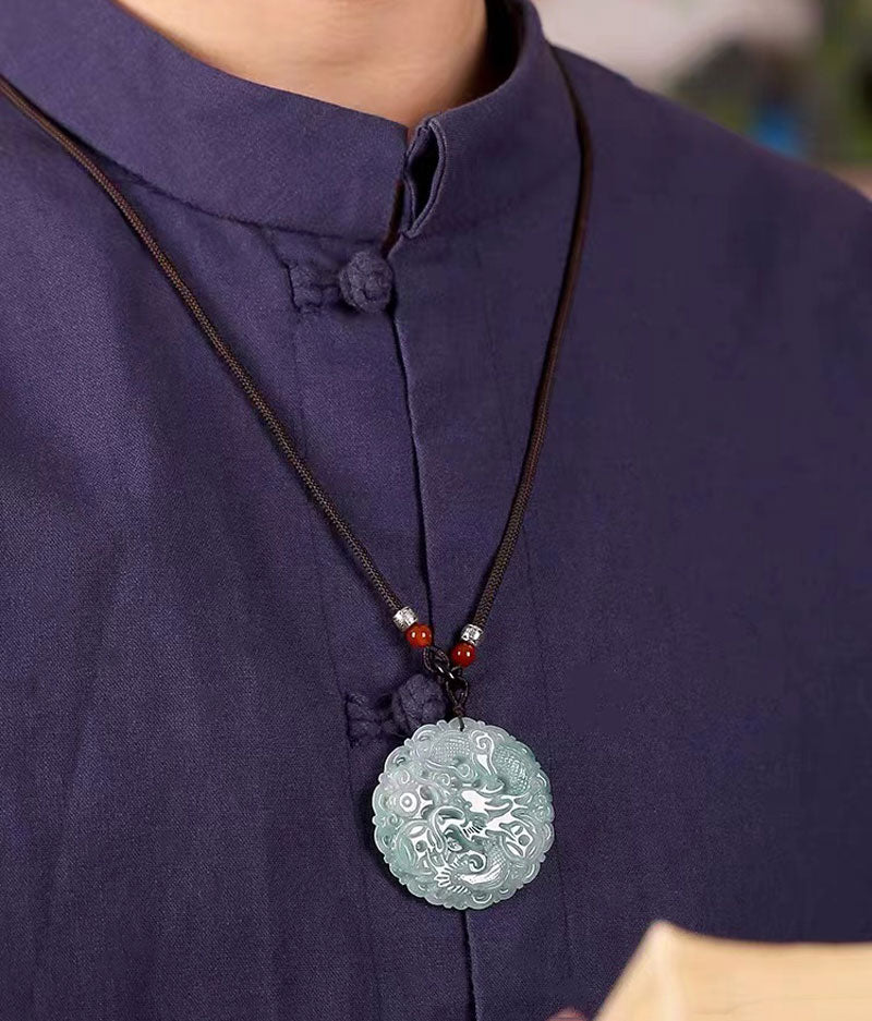 Hand Carved Round Natural Ice Jadeite Jade Chinese Dragon Pendant Necklace-06