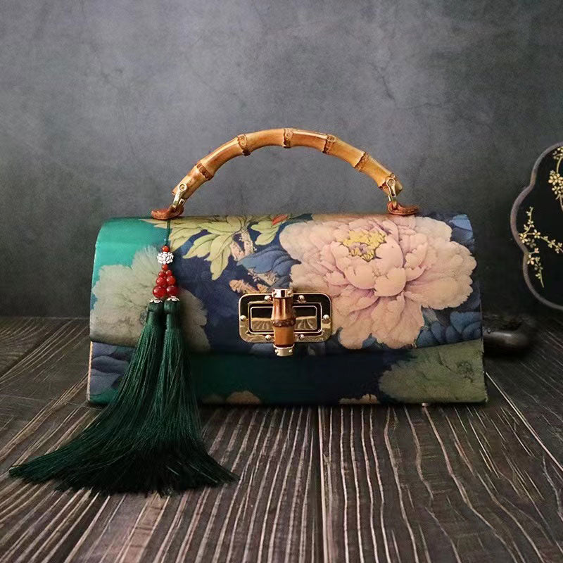 Roses vertes vintage faites à la main et fleurs Poignée en bambou Pochette en soie