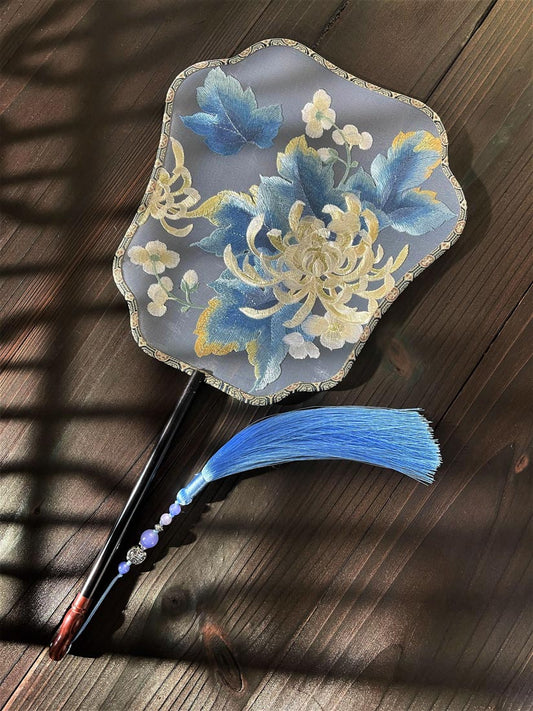 Bluedail Single Side Embroidered Blooming Chrysanthemum Season Handheld Fan Chinese Fashion-01