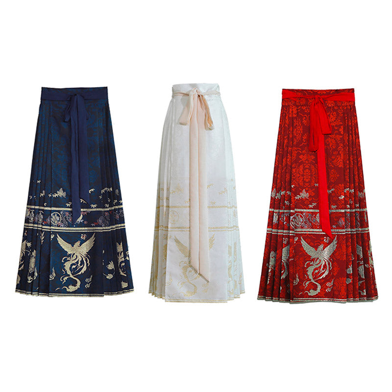 Woven Gold Phoenix and Xiangyun Floral Yarn-dyed Jacquard Cloth Horse Face Skirt Morden Hanfu Mamianqun-07