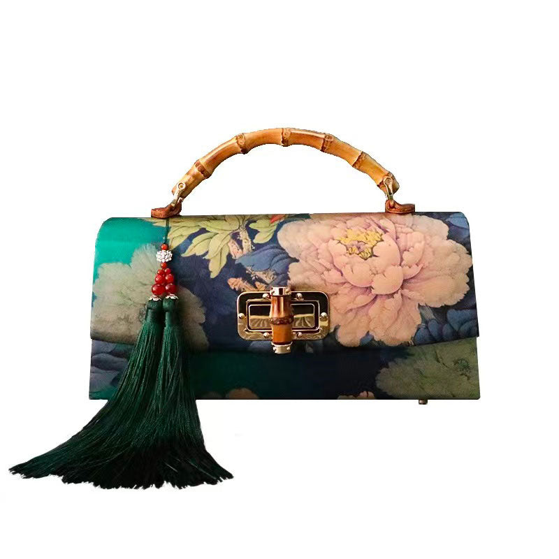 Roses vertes vintage faites à la main et fleurs Poignée en bambou Pochette en soie