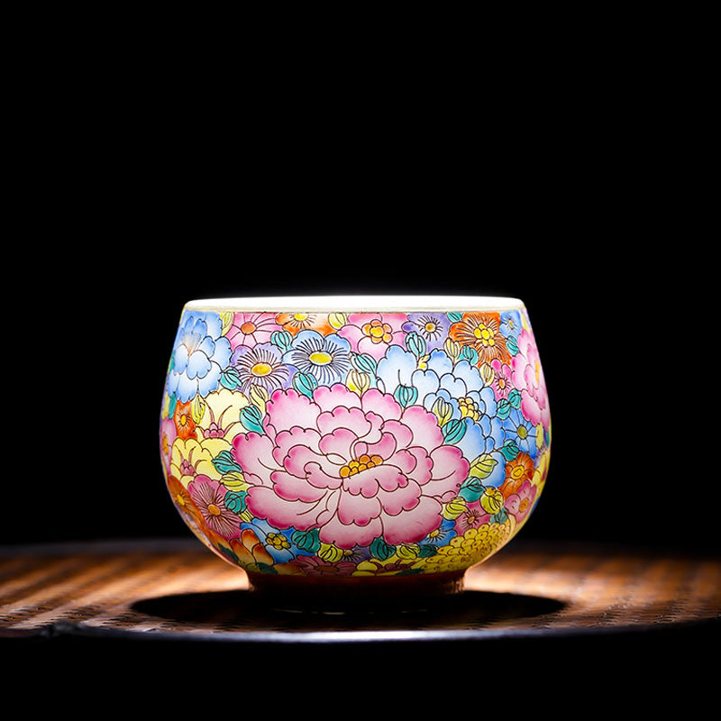 Jingdezhen Antique Cloisonné Enamel Painting Blooming Flowers Porcelain Tea Cup