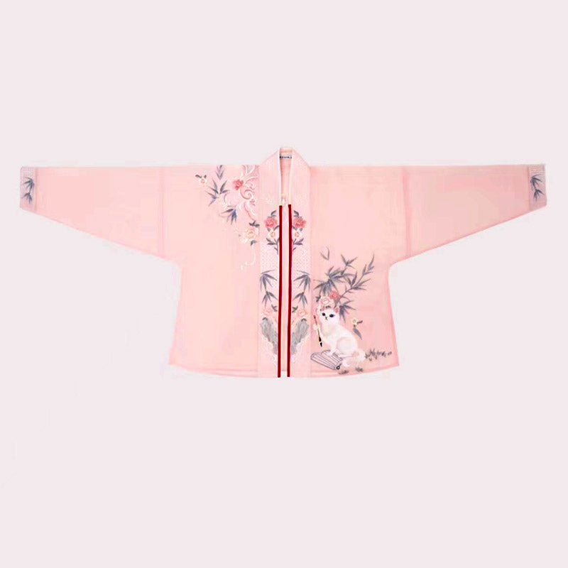 Feuilles de bambou, fleurs et broderie de chat, ensemble Hanfu rose décontracté