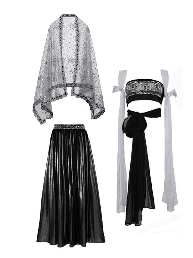 Black Gothic Style Embroidery Dunhuang Feitian Hanfu Costume Skirt Set-08