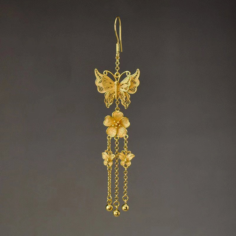 Handcrafted Vintage 999 Sterling Silver Double Butterfly Tassel Filigree Earrings-03