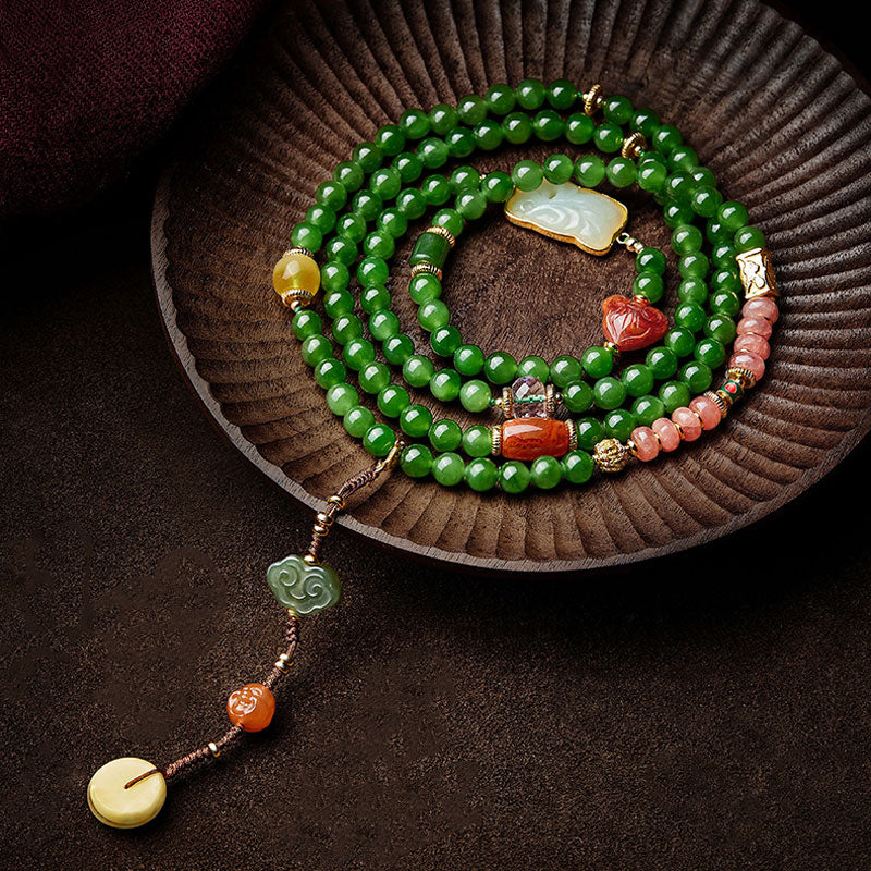 Vintage Chinese Style Spinach Green Natural Jade Beaded Necklace with Multi-Gemstone-06