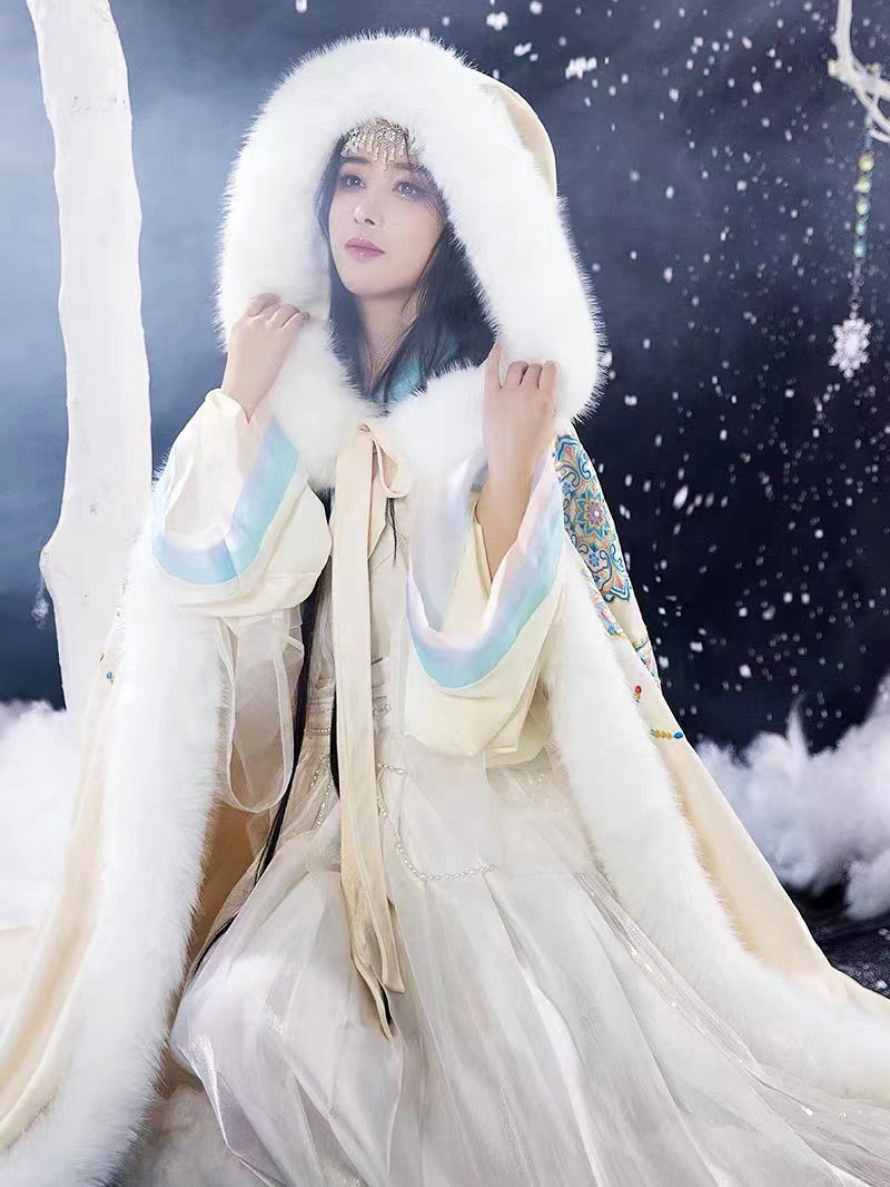 Bluedail Dunhuang Caisson Pattern Embroidery Fall and Winter Long Fleece Hooded Warm Cloak with Artificial Large Fur Collar-08