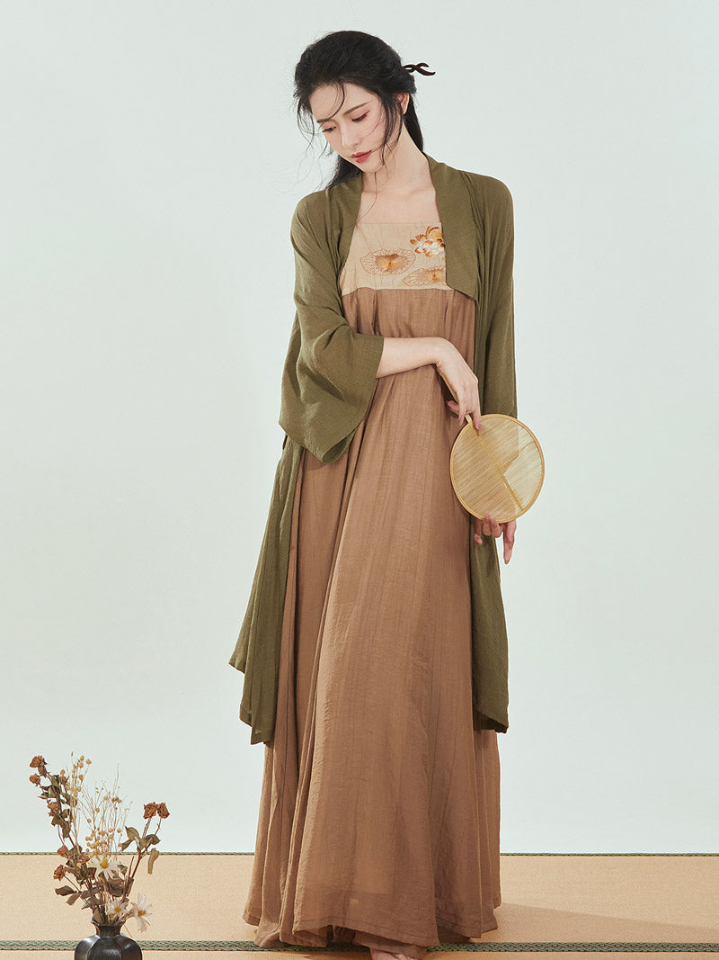 Tang-style Morden Chinese Style Lotus Embroidery Droopy Suspender Skirt Set-08