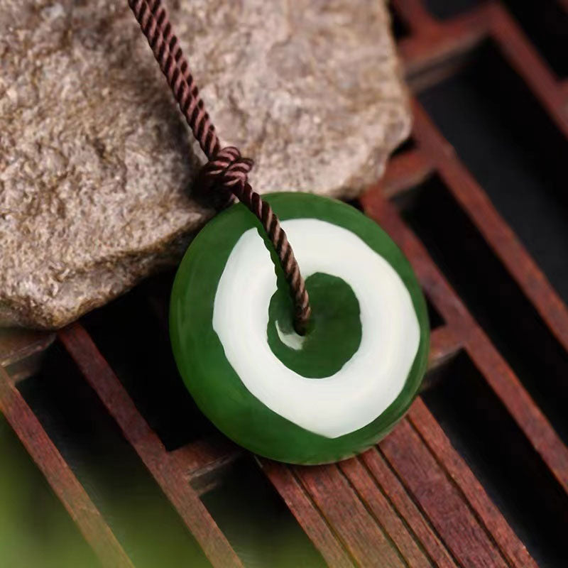 Jadeite naturelle vert émeraude chinois 「Ping An Kou」 Collier pendentif pour femmes et hommes
