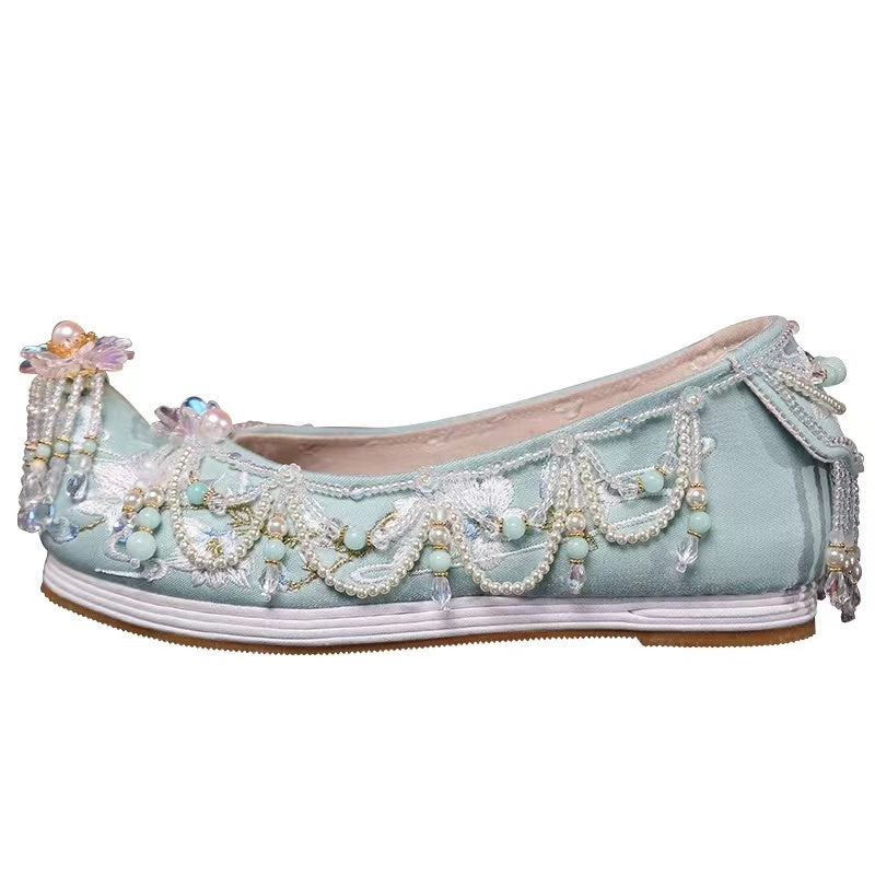 Handmade Custom Melaleuca Bottom Heightening Embroidered and Beaded Women's Hanfu Shoes Chinese Cosplay Shoes