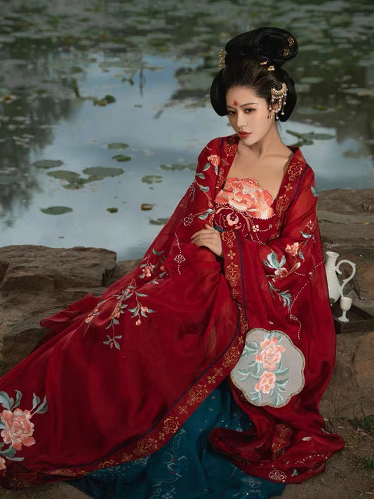 BlueDail Pure Hand Broderie Yang Guifei「Apporter une gloire et une richesse sans fin」Pivoine prospère brodée de style Tang Vêtements Hanfu à usage quotidien