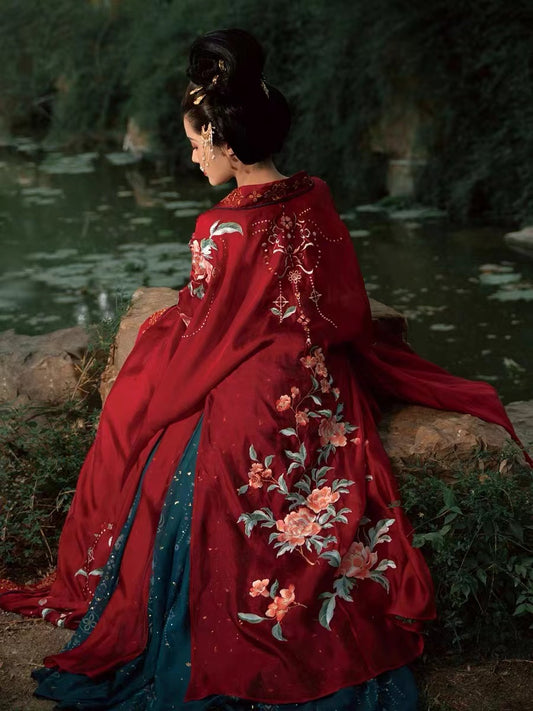 BlueDail Pure Hand Broderie Yang Guifei「Apporter une gloire et une richesse sans fin」Pivoine prospère brodée de style Tang Vêtements Hanfu à usage quotidien