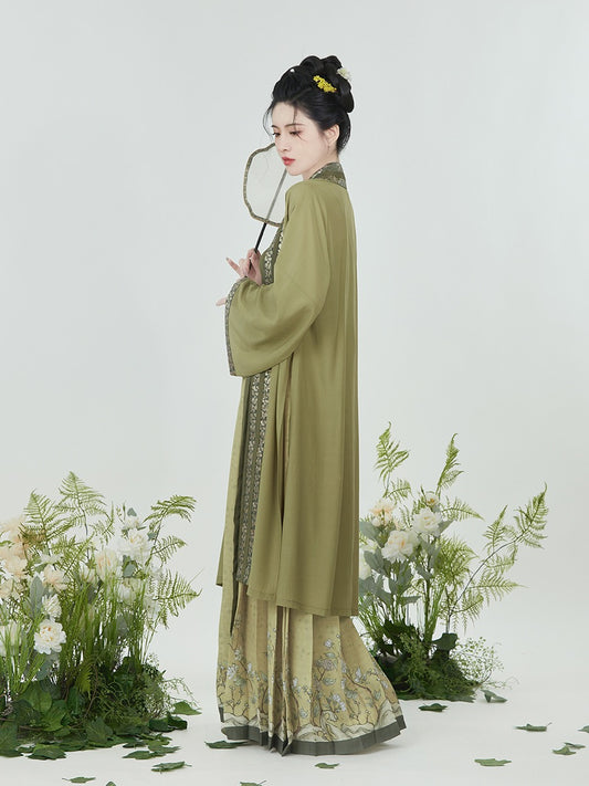 Olive Chinese Style Vintage Floral Embroidery Morden Hanfu Skirt Set