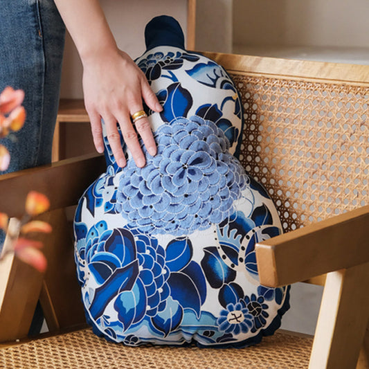 Chinese Style Blue and White Embroidered Gourd Shaped Cushion Pillow-01