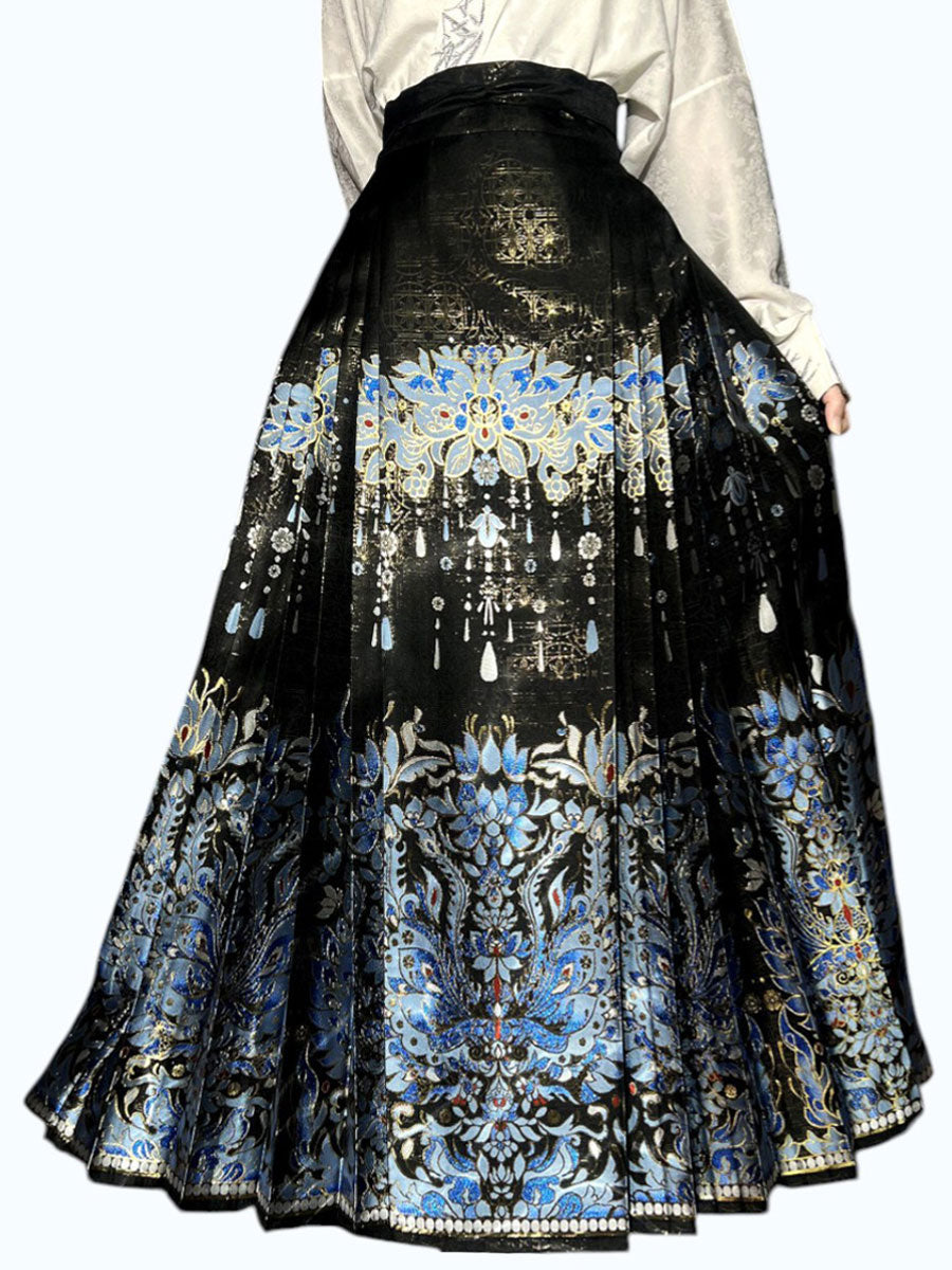 Qingluan Feather Mamian Skirt – Ming-Style Kingfisher Blue & Gold Hanfu Skirt-01