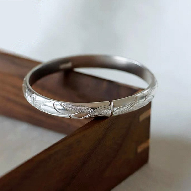Hand Carved Vintage Chinese Bamboo Leaf Pattern Pure Solid Silver Bangle Bracelet Jewelry Gift-01