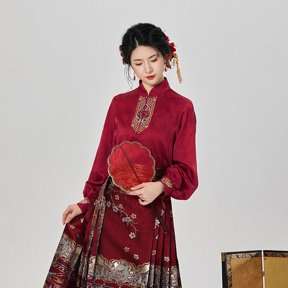 Spring at the Imperial Palace — Pomegranate Red Ming-Style Mamian Skirt Set-10