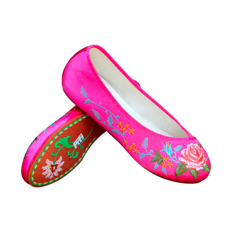 Pair of pink embroidered shoes -Peony-Embroidered Rose Red Flats