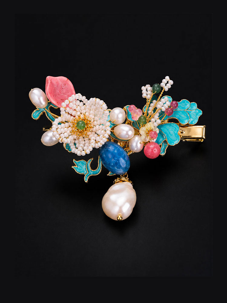 Chinese Blue Enamel Floral Hair Clip with Pearl Accents-01