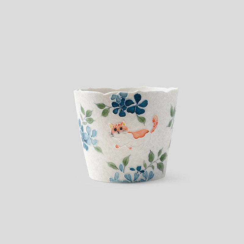 Blue Windflower & Ginger Cat Hand-Painted Porcelain Cup