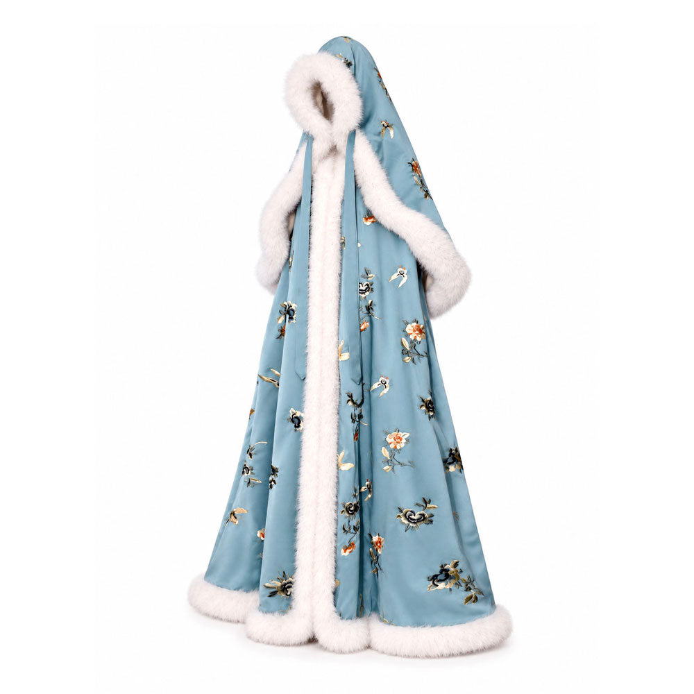 Blue Su Embroidery Hanfu Cape with Faux Fur Lining — Butterflies Among Blossoms