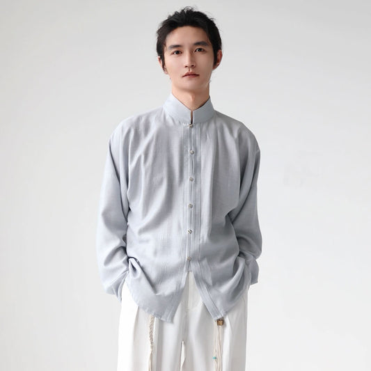Men’s Light Blue Chinese-Inspired Mandarin Collar Long Sleeve Shirt-01