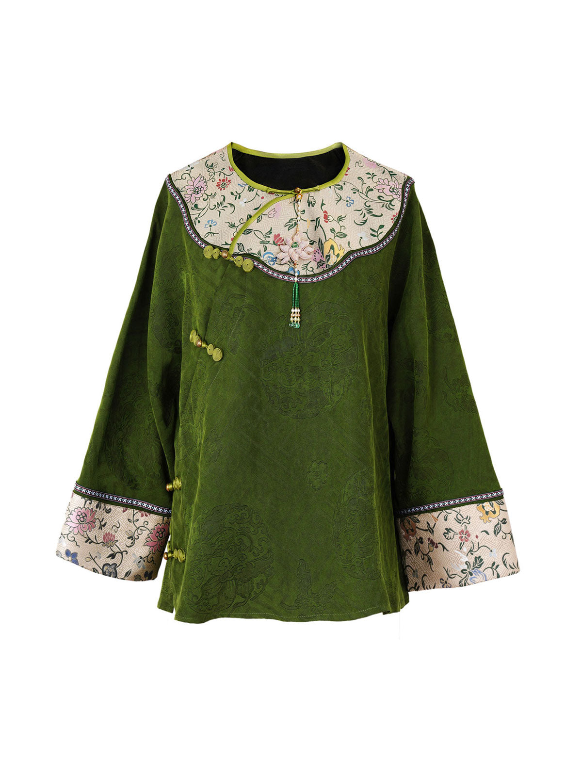 Antique Moss Green Mulberry Silk Chinese-Inspired Top-01