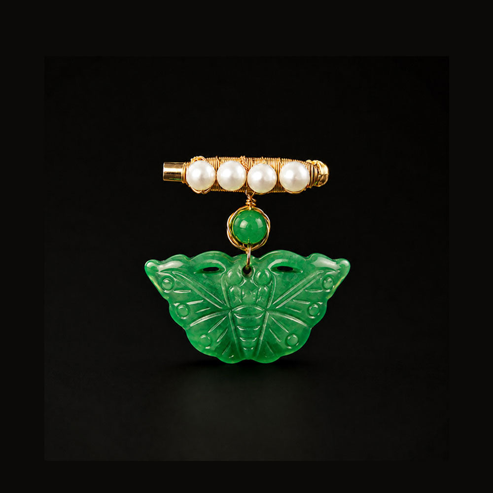 Chinese Green Butterfly Brooch with Freshwater Pearls-01