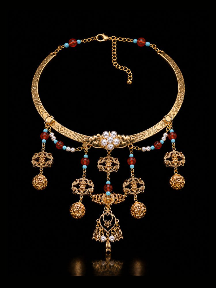 Ming-Style Yingluo Collar Necklace with Liuli Glass and Imitation Pearls-01