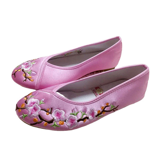 Chinese-Style Satin Embroidered Slip-On Flats | Plum Blossom-01