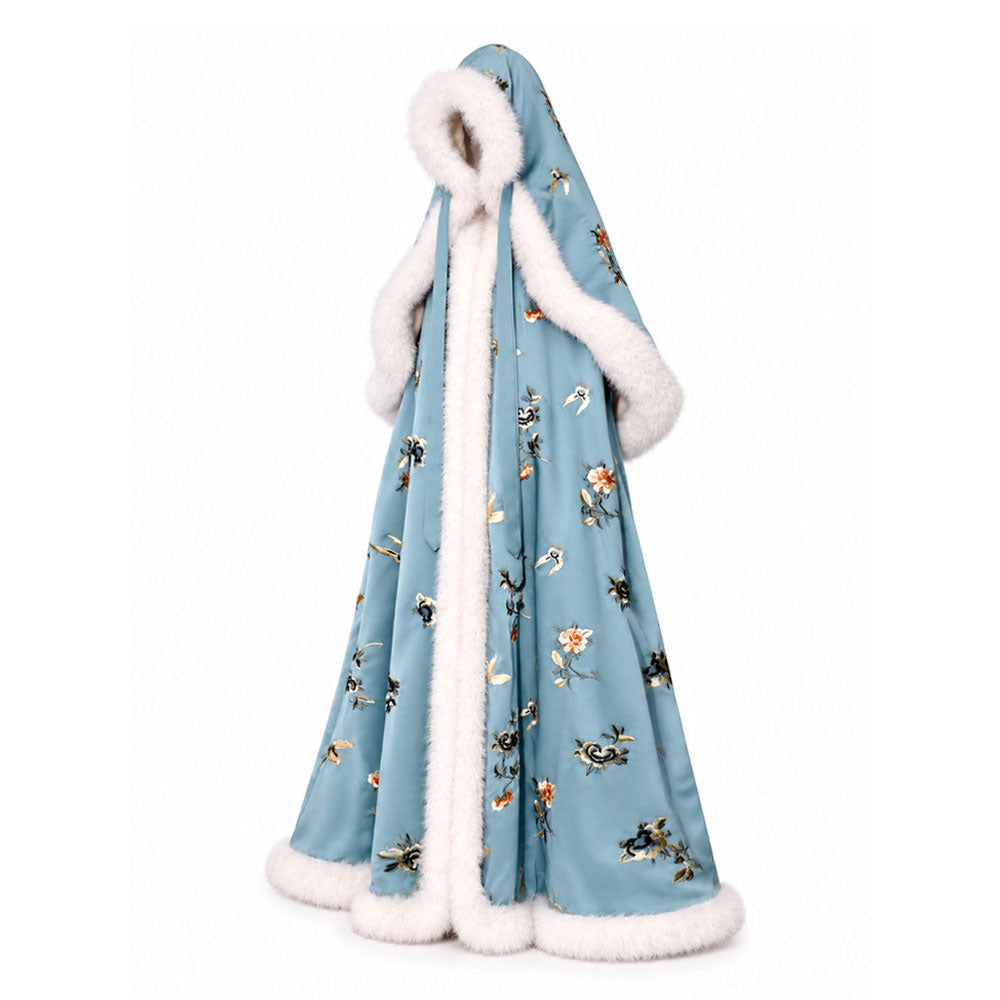 Blue Su Embroidery Hanfu Cape with Faux Fur Lining — Butterflies Among Blossoms-01
