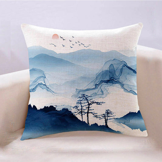 Chinese Style Blue Art Ink Landscape Painting Cotton and Linen Throw Pillow