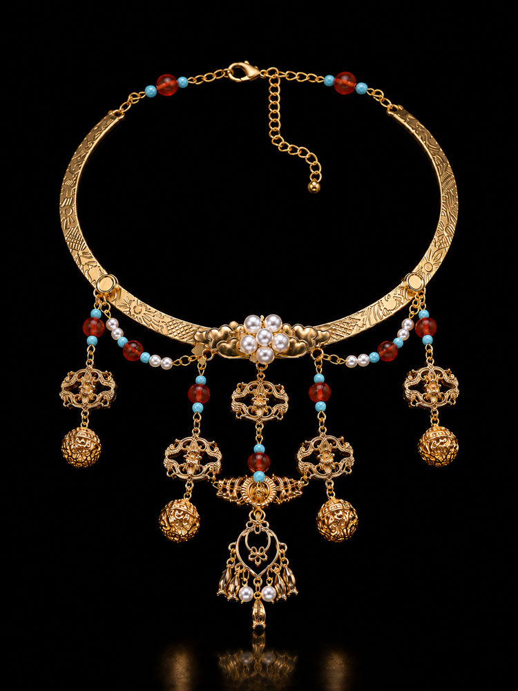 Ming-Style Yingluo Collar Necklace with Liuli Glass and Imitation Pearls-08