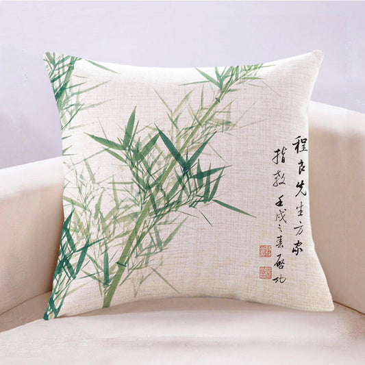 Vintage Chinese Style Ink Bamboo Leaf Landscape Painting Cotton and Linen Throw Pillow