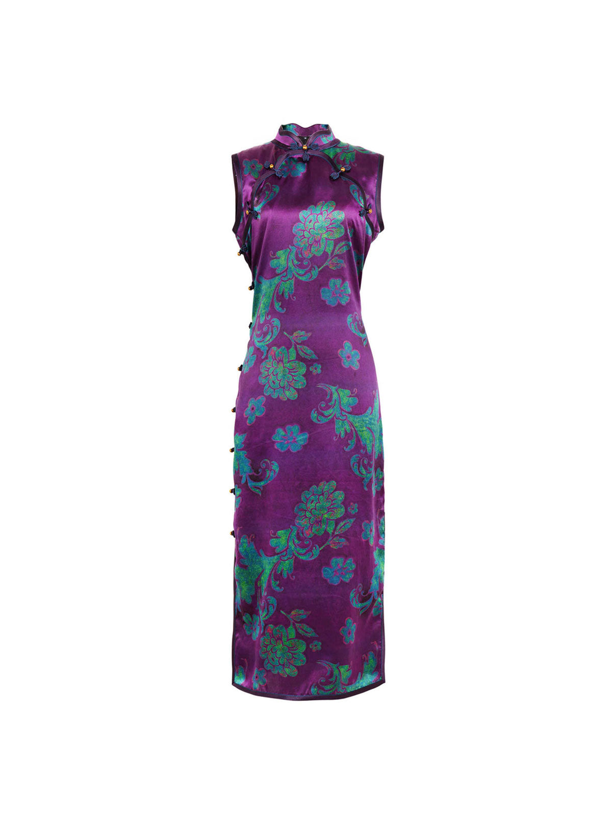 Purple Vintage Floral Handmade Mulberry Silk Qipao Cheongsam Dress